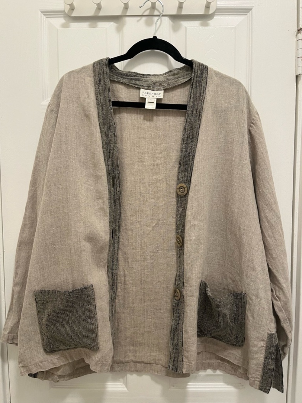 Freeport Studio Taupe Linen Cardigan Lagenlook Vintage Kimono L